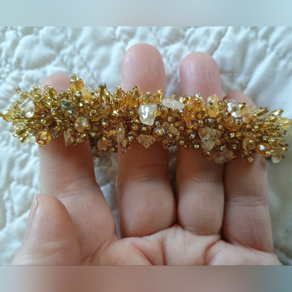Vintage, Artisan, Czech, Handmade, Topaz, Amber & Gold Crystal Beaded Bracelet